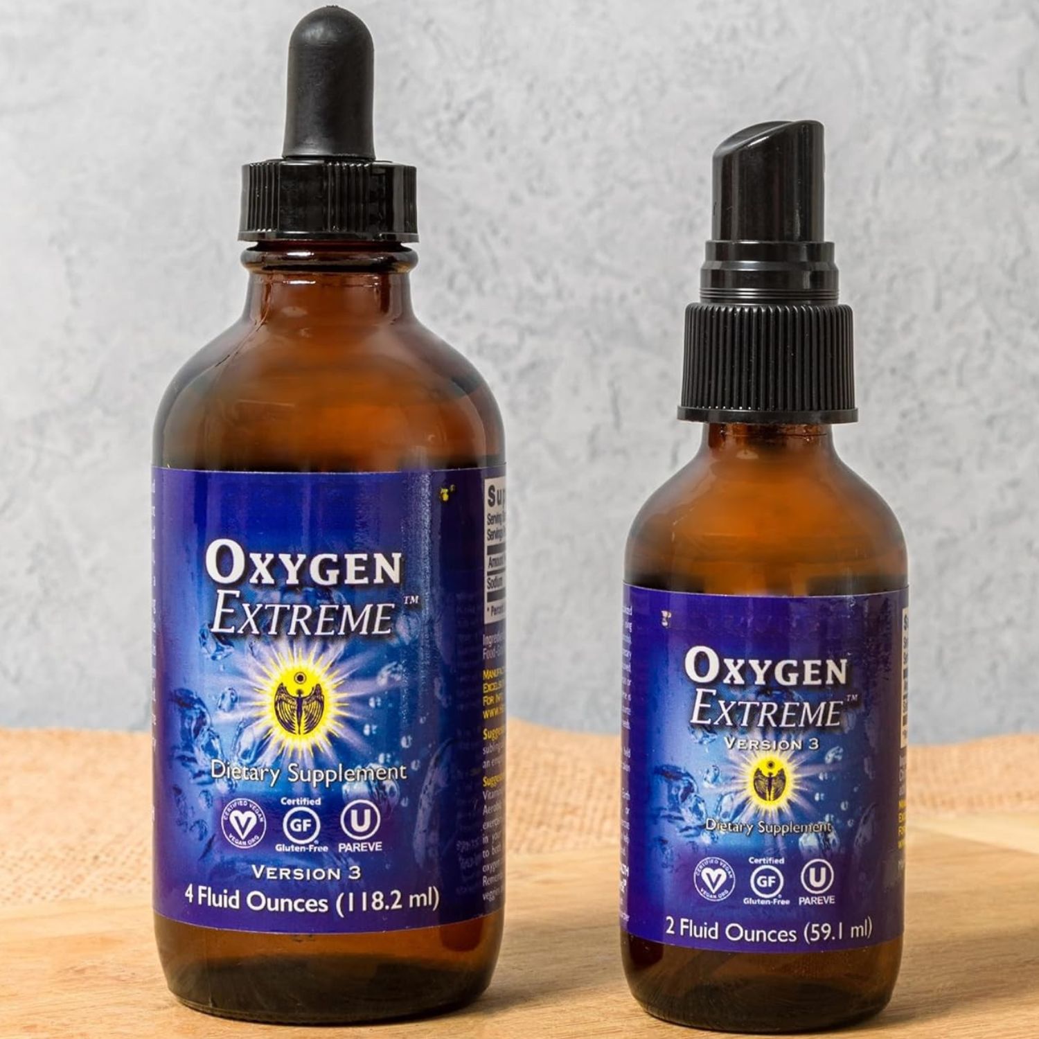 Best liquid O2 supplement — Oxygen Extreme 4oz and 2oz bottles side by side, gluten-free kosher certified